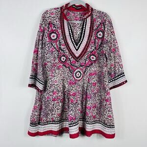 Key Lime & Pink Size Small Animal Print Embroidered Cotton Tunic Top Pink